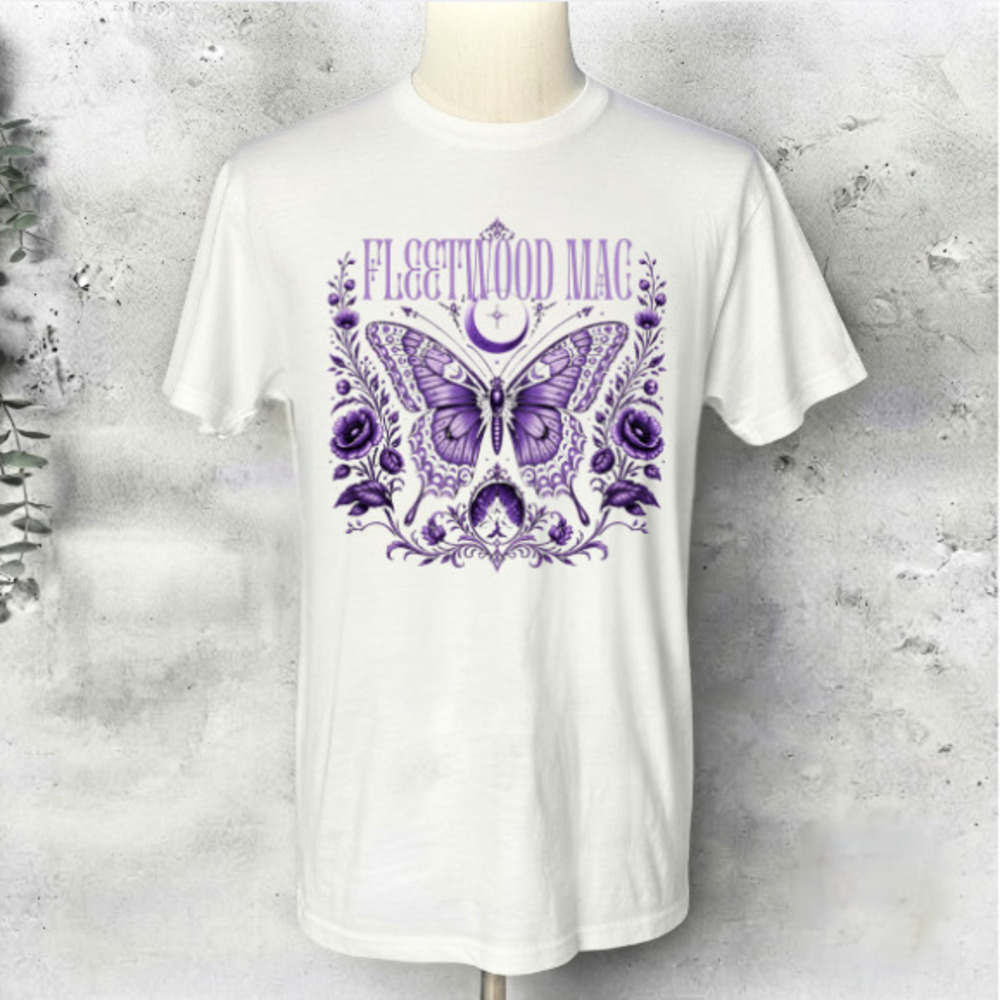 Fleetwood Mac Purple Butterfly Botanical Moon Vintage White T-Shirt